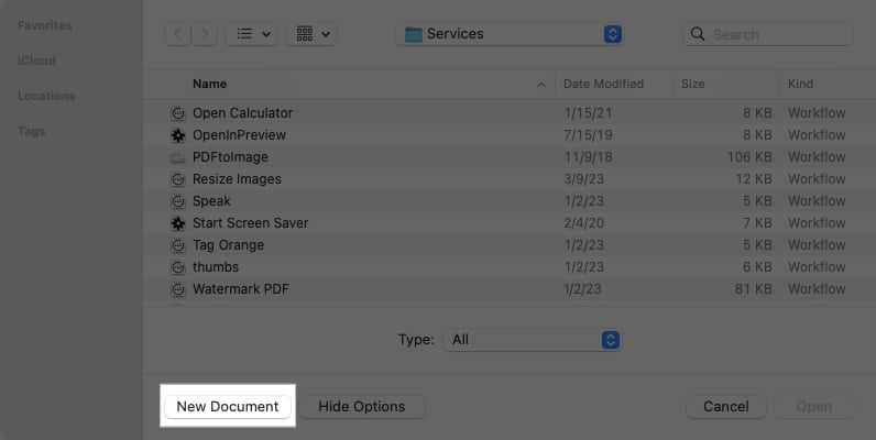 New Document button in the Automator app on a Mac.