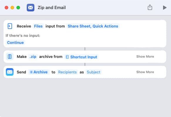 List of actions in a shortcut workflow.