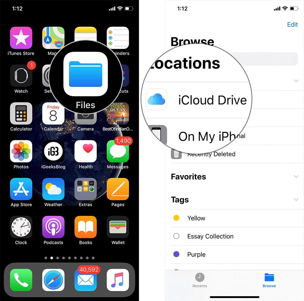 Open the files app and tap on icloud drive on iphone or ipad