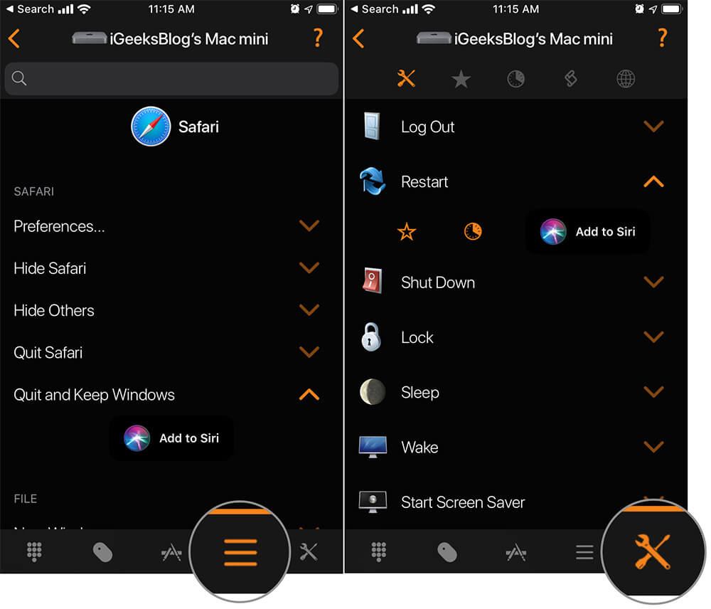 Tap and control siri from menu and system tab from remote control for mac app