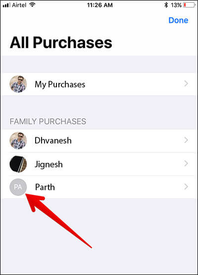 Tap on family member's Name in iPhone