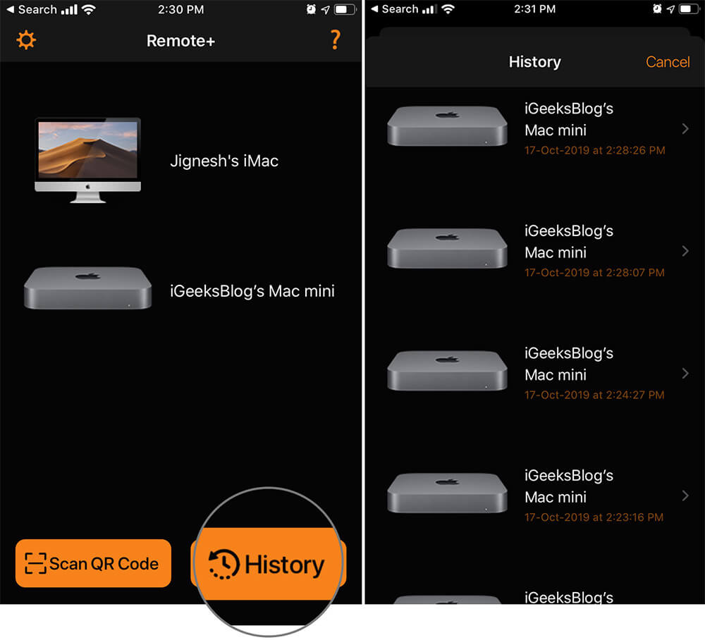 Tap on history button to check activities from remote control for mac app