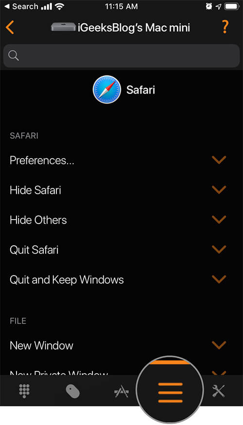 Tap on menu and select option to control active app from remote control for mac app