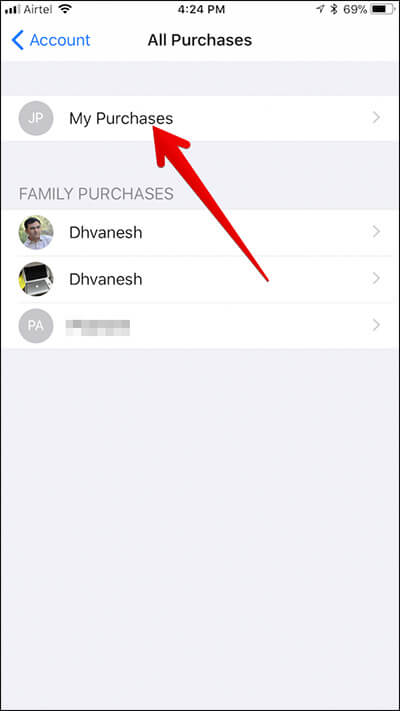 Tap on my purchases in app store on iphone
