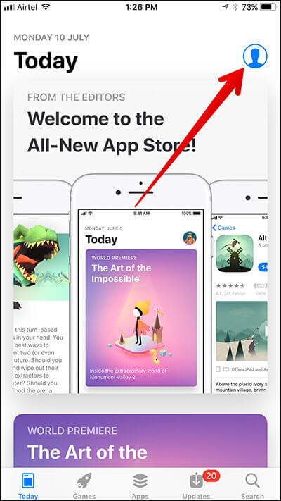 Tap on profile icon in app store on iphone