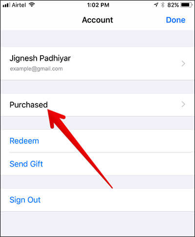Tap on purchased in app store on iphone