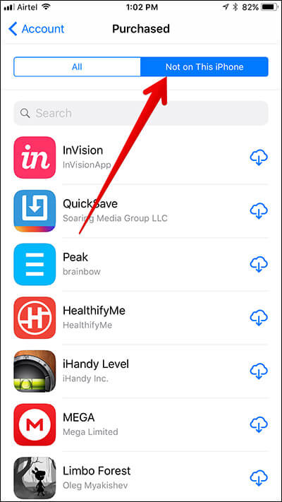 View purchased apps not on this iphone or ipad