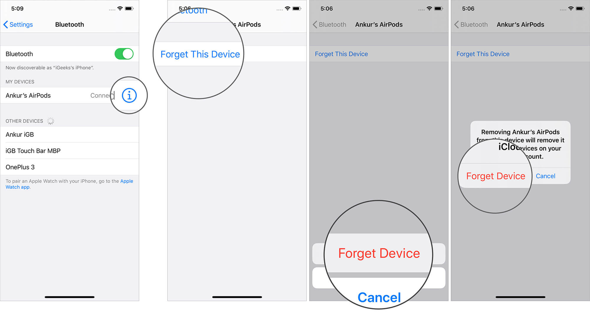 Tap on forget this device to disconnect airpods from iphone