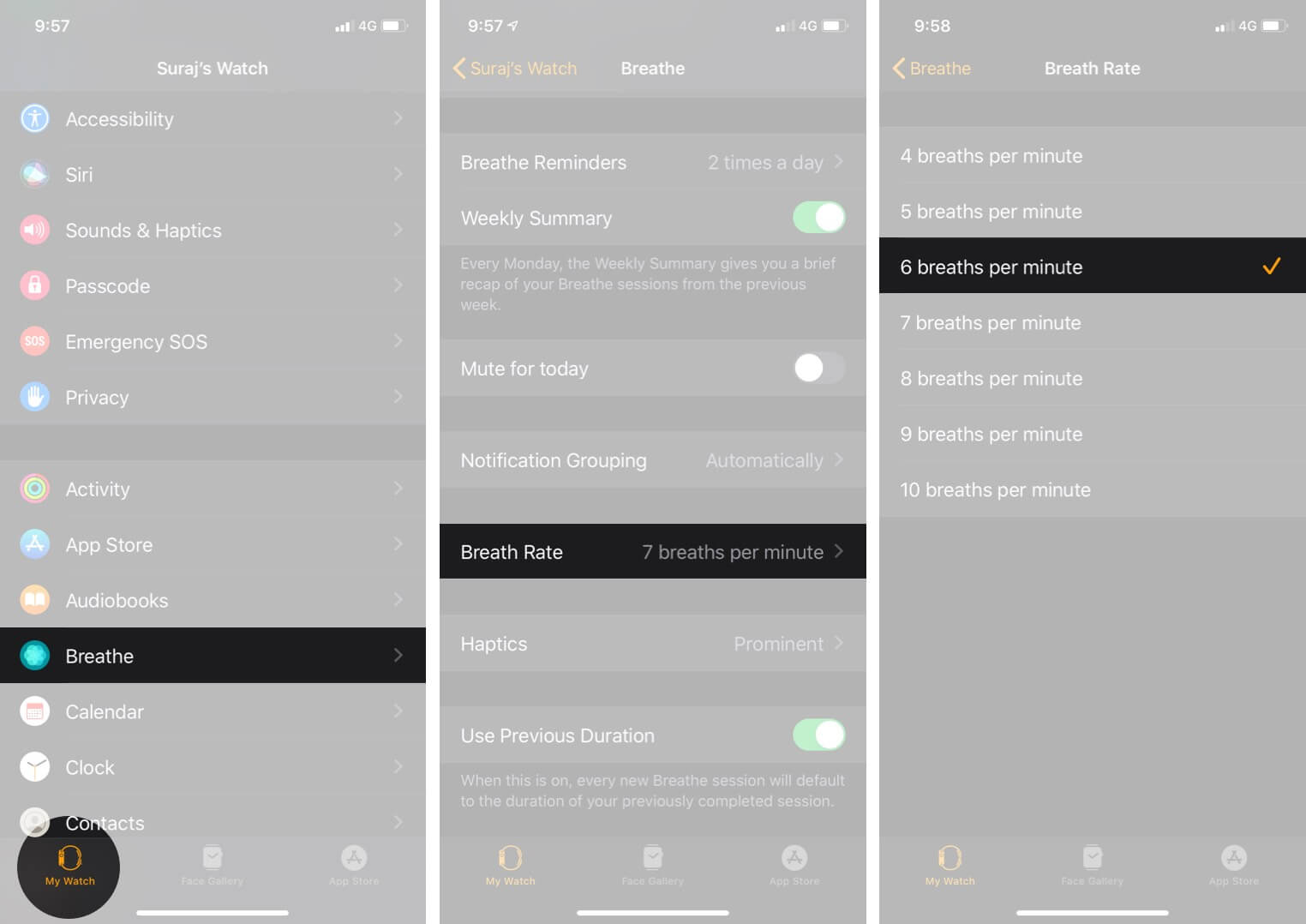 Change breathing rate on apple watch using ios watch app
