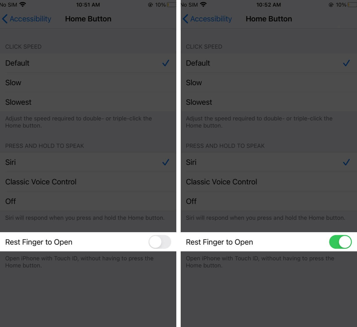 turn on rest finger to open on iphone