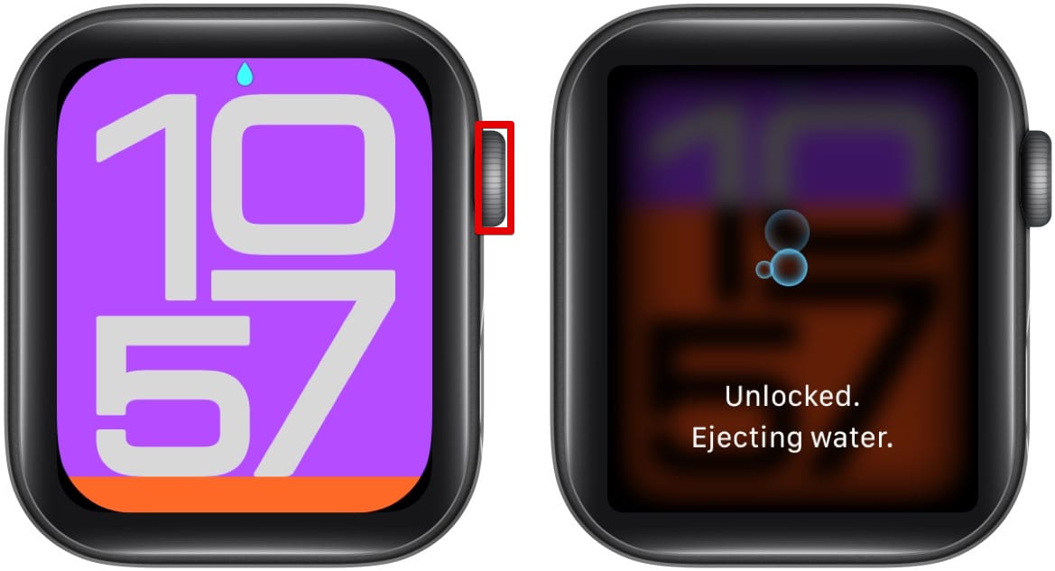 Press and hold the Digital Crown to turn off Water Lock and eject water from Apple Watch.