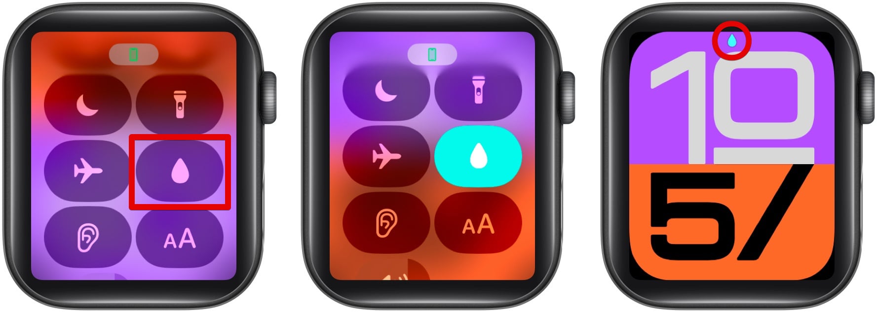 Tap Water Lock in Apple Watch Control Center Water Lock icon appears at the top.