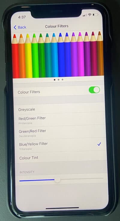 blue/yellow color filter on iphone