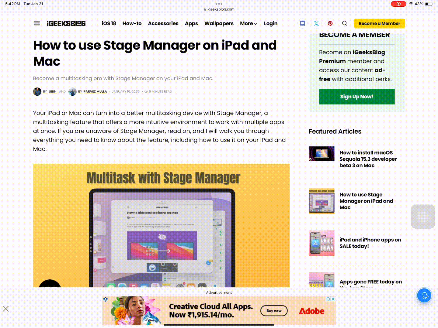 Multitasking on an iPad with the Dock.
