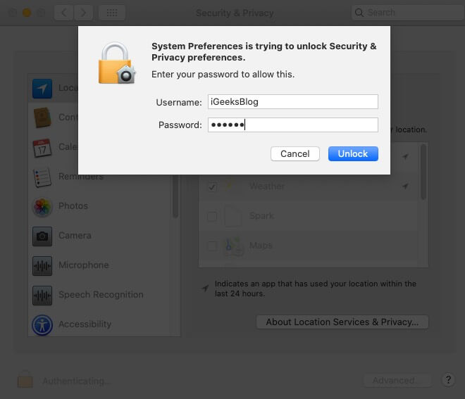 Enter Mac Password and Click on Unlock