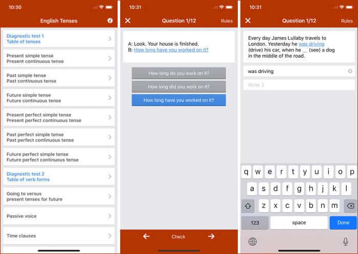 Learn English grammar tenses iPhone and iPad App Screenshot