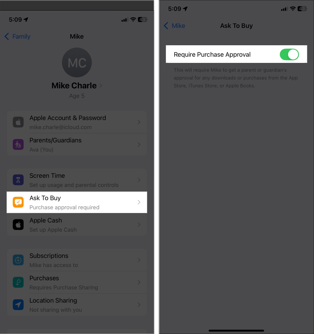 Require purchase approval for child account