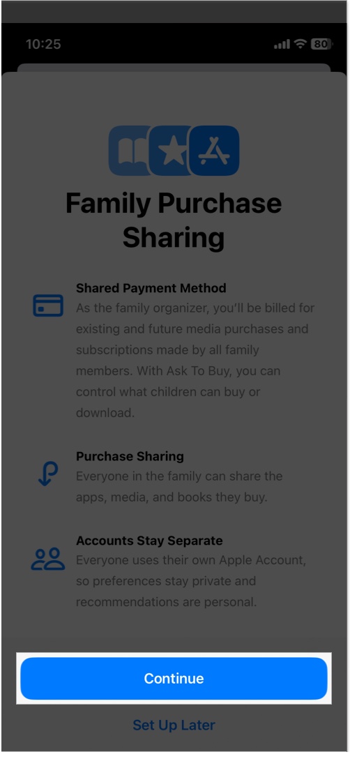 Tap to continue download apps on iphone using family sharing method