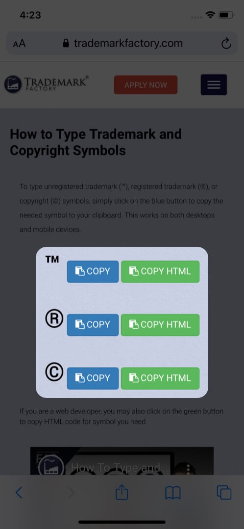 Copy and paste trademark copyright registered symbols on your iphone