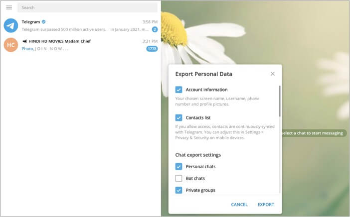 Export chat history and select data you want to export on mac