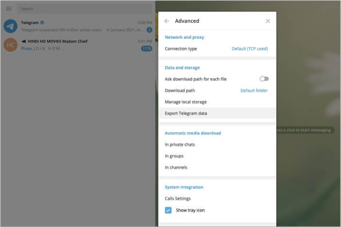 In advanced settings of telegram app select export telegram data on mac