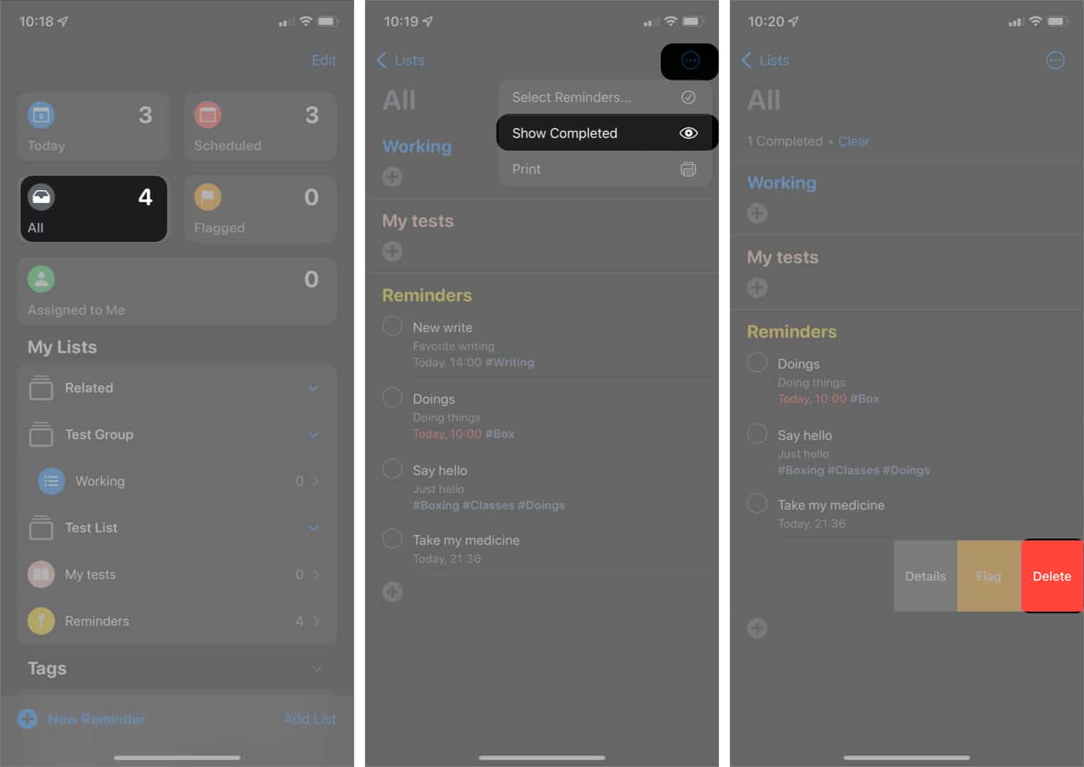 Permanently deleting completed tasks in Reminders iOS app.