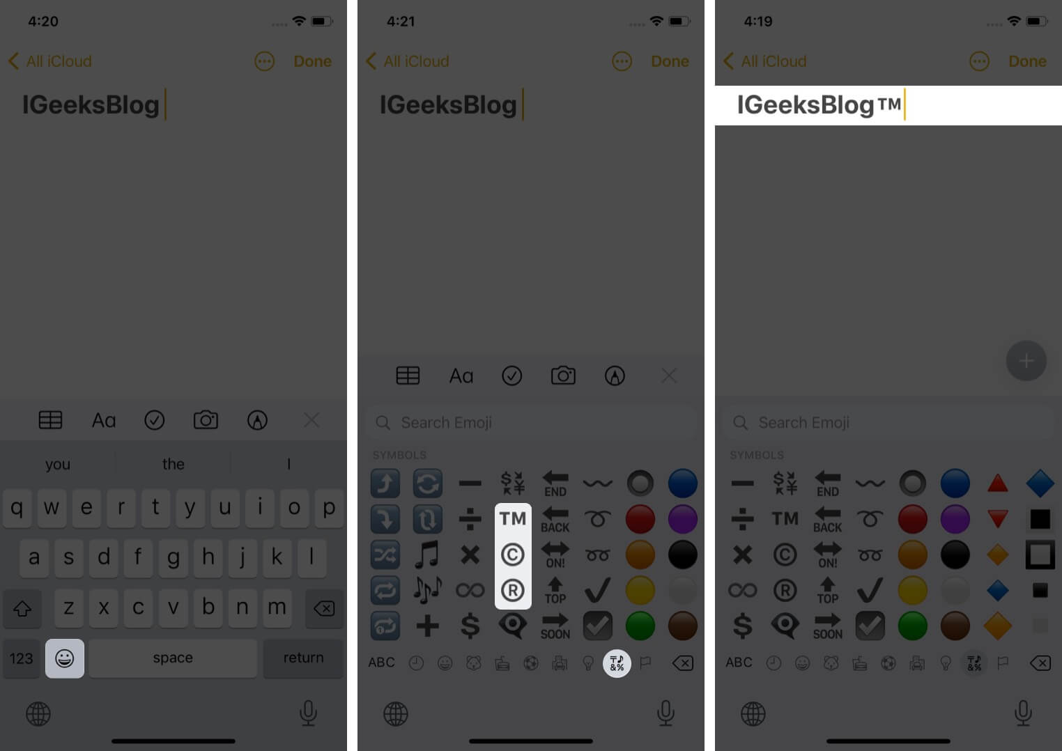 Use emoji keyboard to type trademark copyright and registered symbols