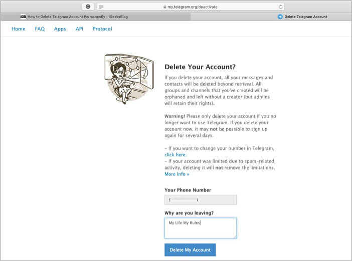 Write reason behind delete telegram account and click done