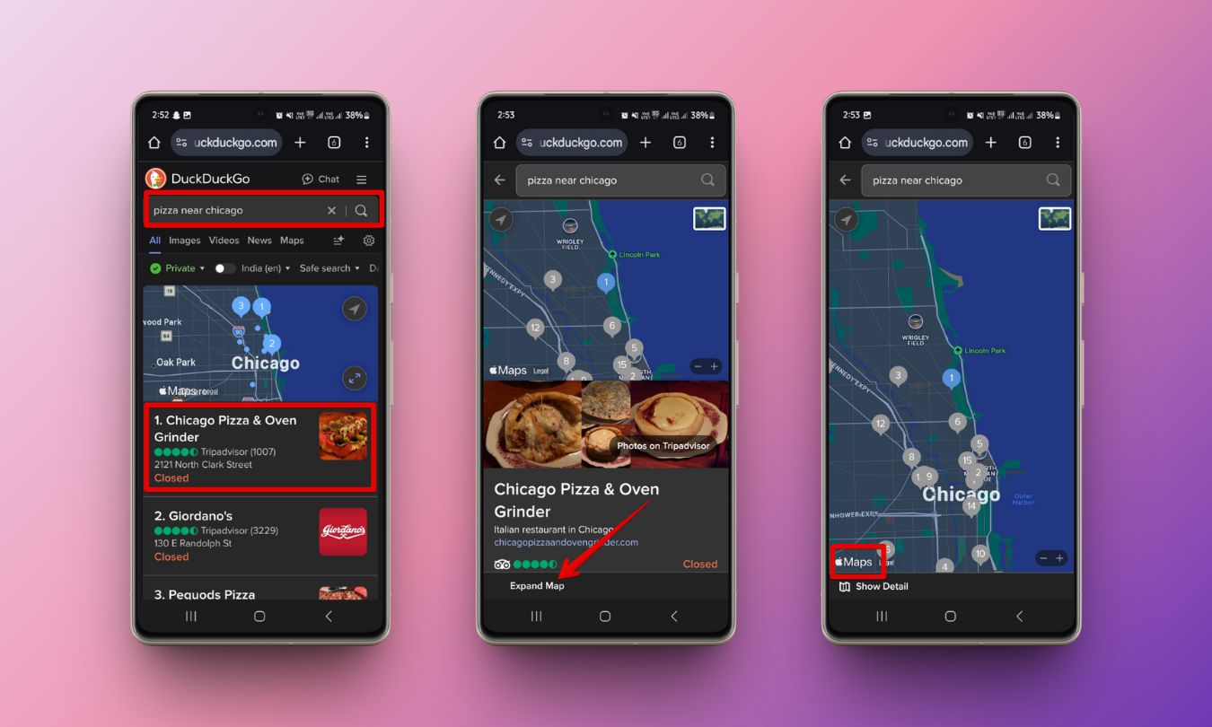 Use apple maps via duckduckgo on android phone