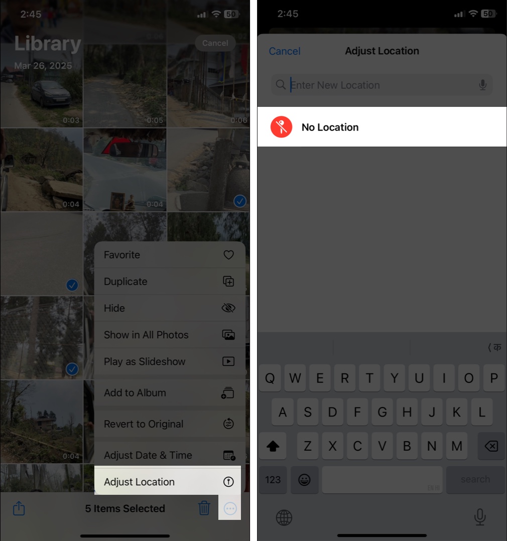 Adjust photo location on iphone by selecting three dots menu and choosing no location option