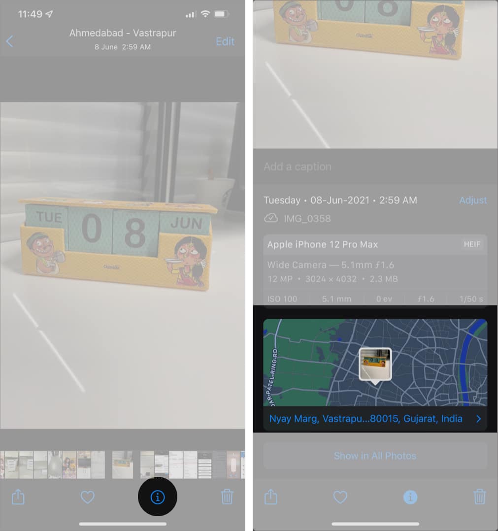 Choose photo want to change the location, tap i button in iOS 15