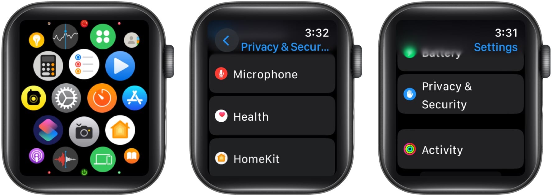 Go to Privacy and Security in Health Settings on Apple Watch.