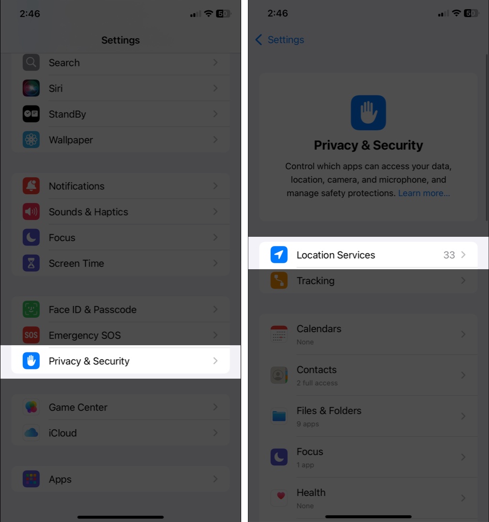Navigate to location services in iphone settings under privacy and security
