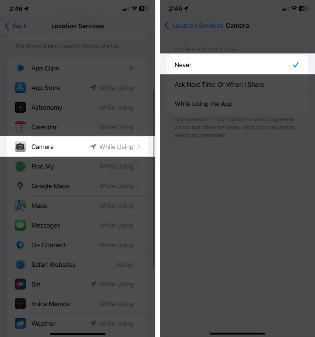 Select camera in iphone settings and set location access to never