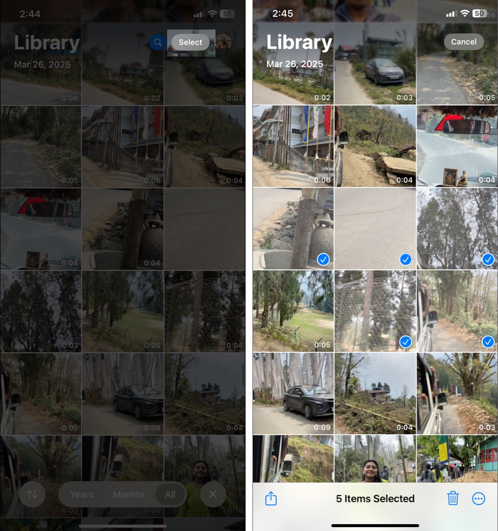 Select multiple photos or videos in iphone photos app to change location