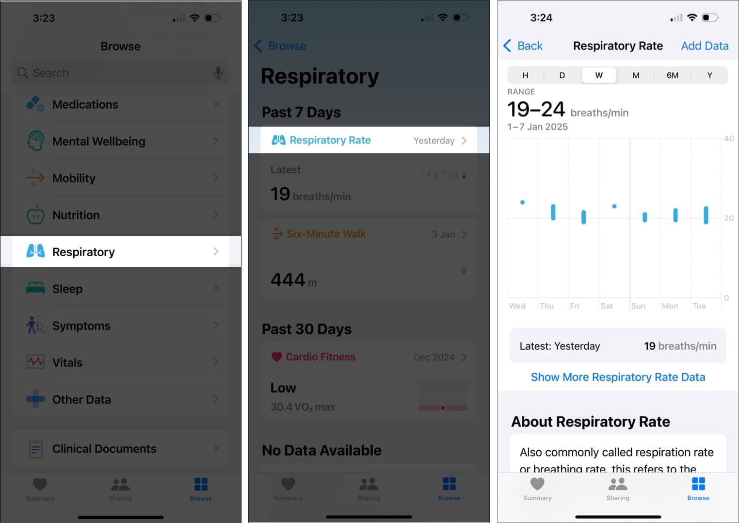 View Respiratory Rate in Health app.