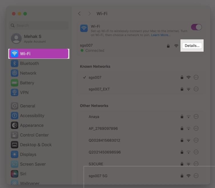 Click Details next to the network in Wifi Settings.