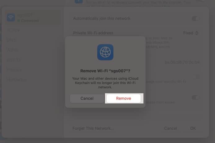Click Remove WiFi on Mac.
