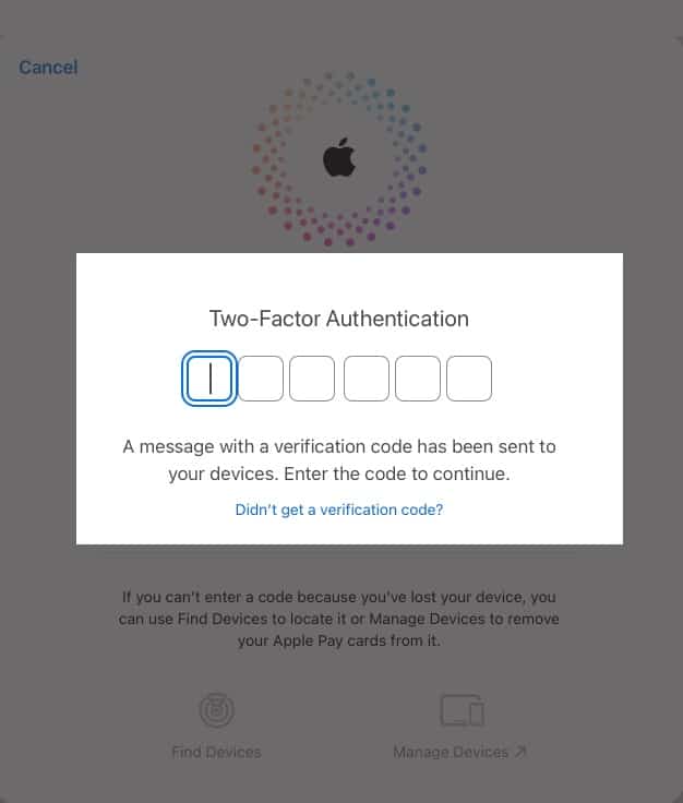 Enter six-digit code on Find My website