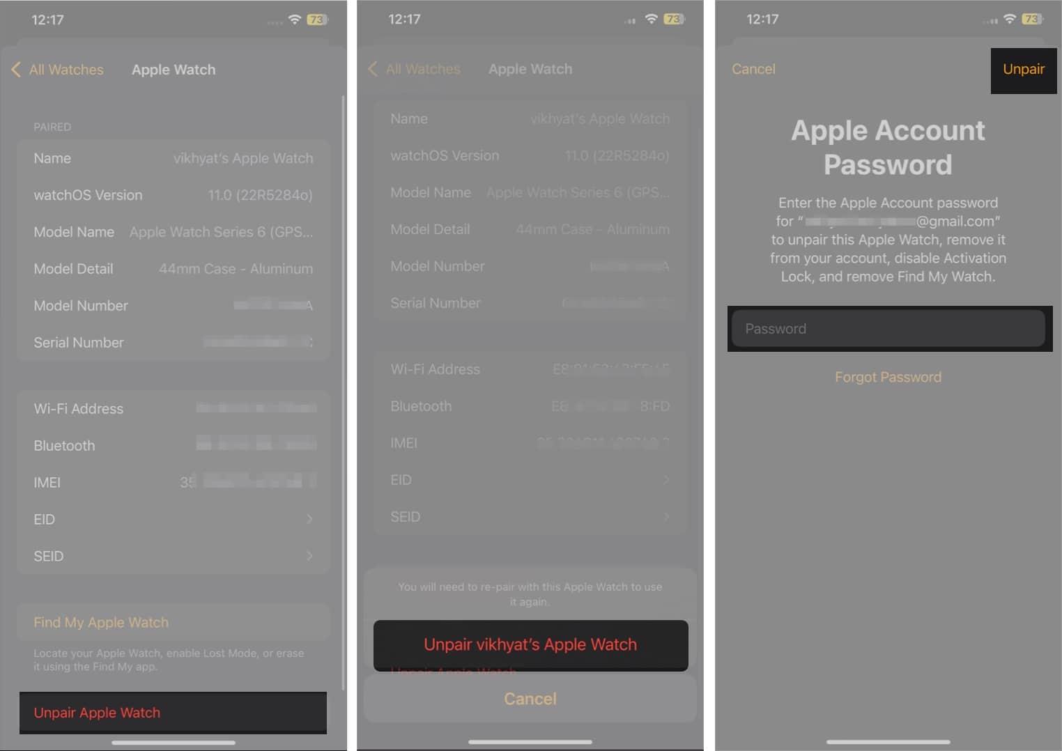 Unpairing an Apple Watch from an iPhone.