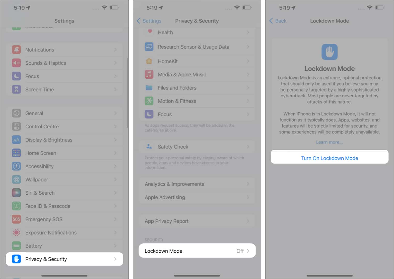 Enabling Lockdown Mode on an iPhone.