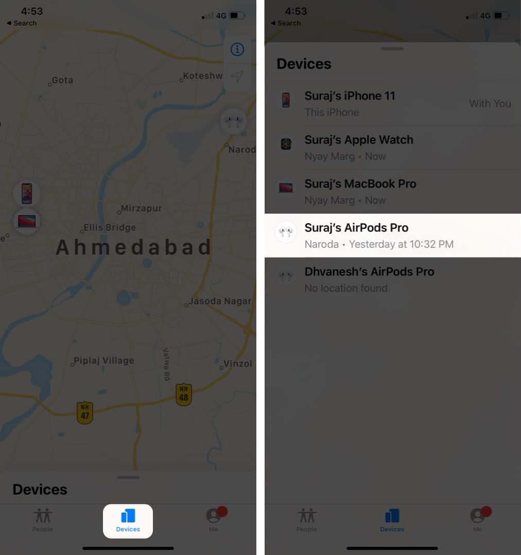 Devices tab showing a list of Apple devices in Find My app.