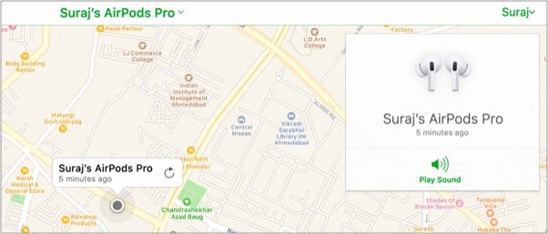 Find My page showing AirPods location.