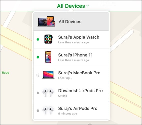 Find My website showing a list of Apple devices.