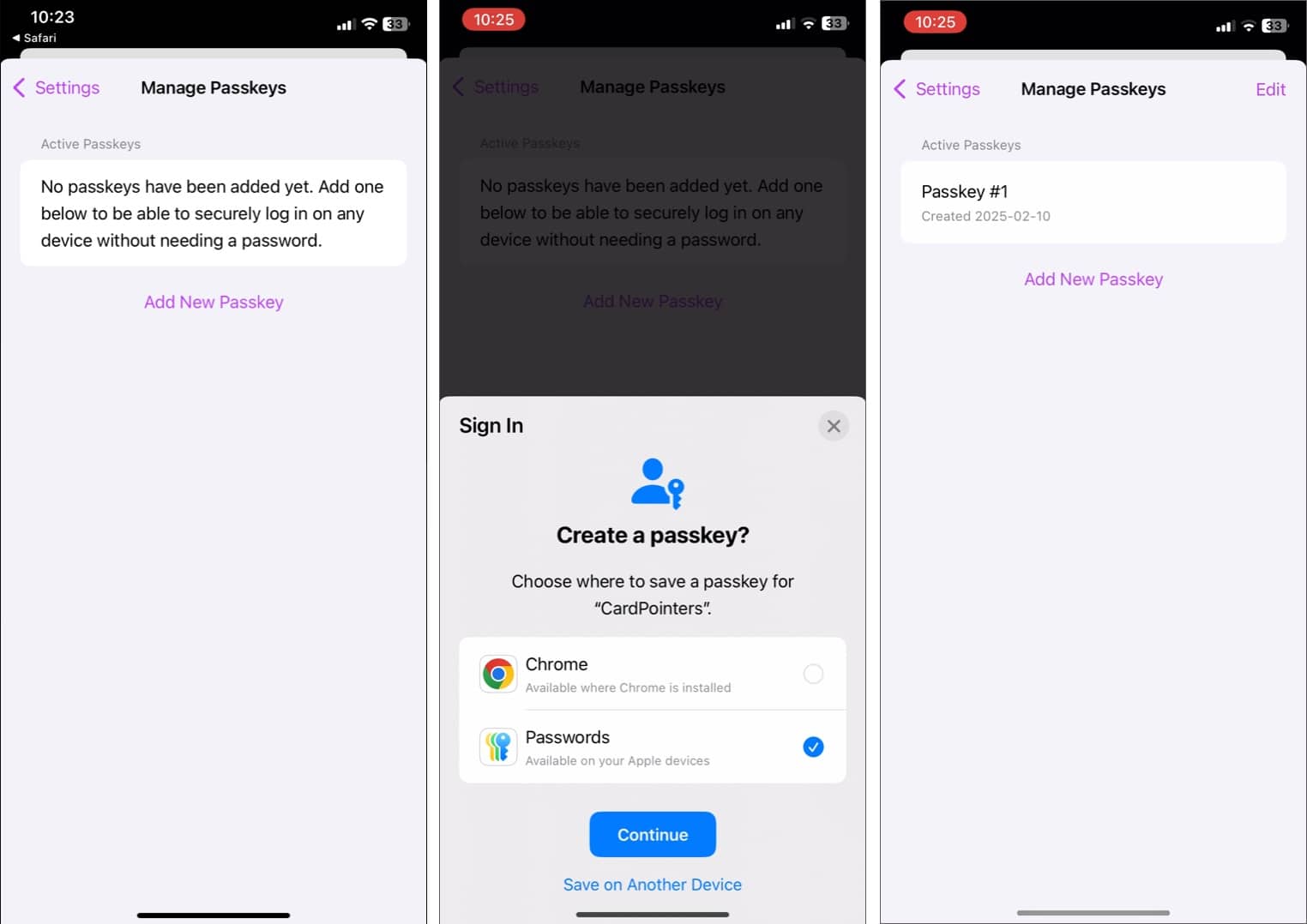 Set up Passkeys when accessing a compatible app or website for the first time.