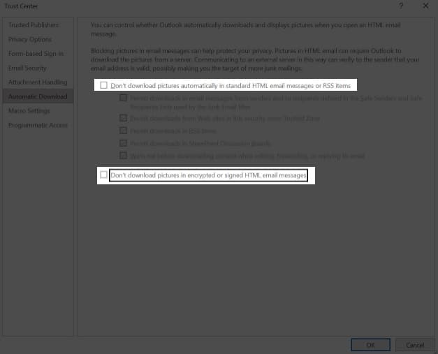 Trust Center Settings in Outlook App on a Windows PC