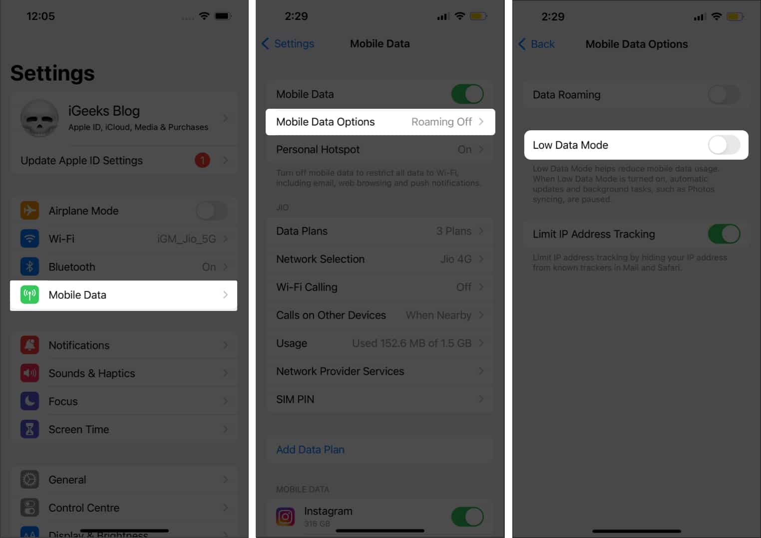 Turn off low data mode for mobile data on iphone