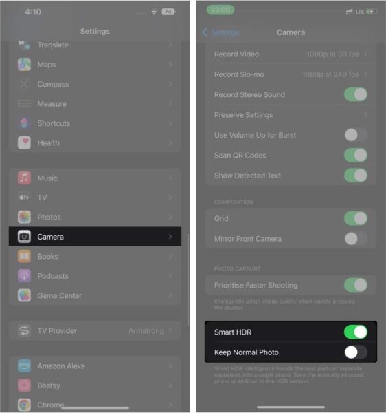 Turning on the Smart HDR option in iPhone Settings app.