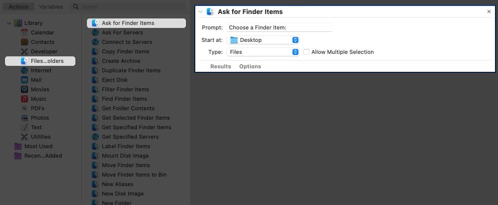 Ask for finder items in automator on a macbook