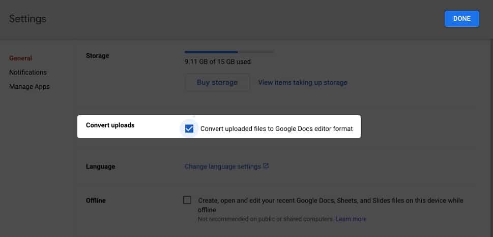 Enabling convert uploads in google drive on a macbook